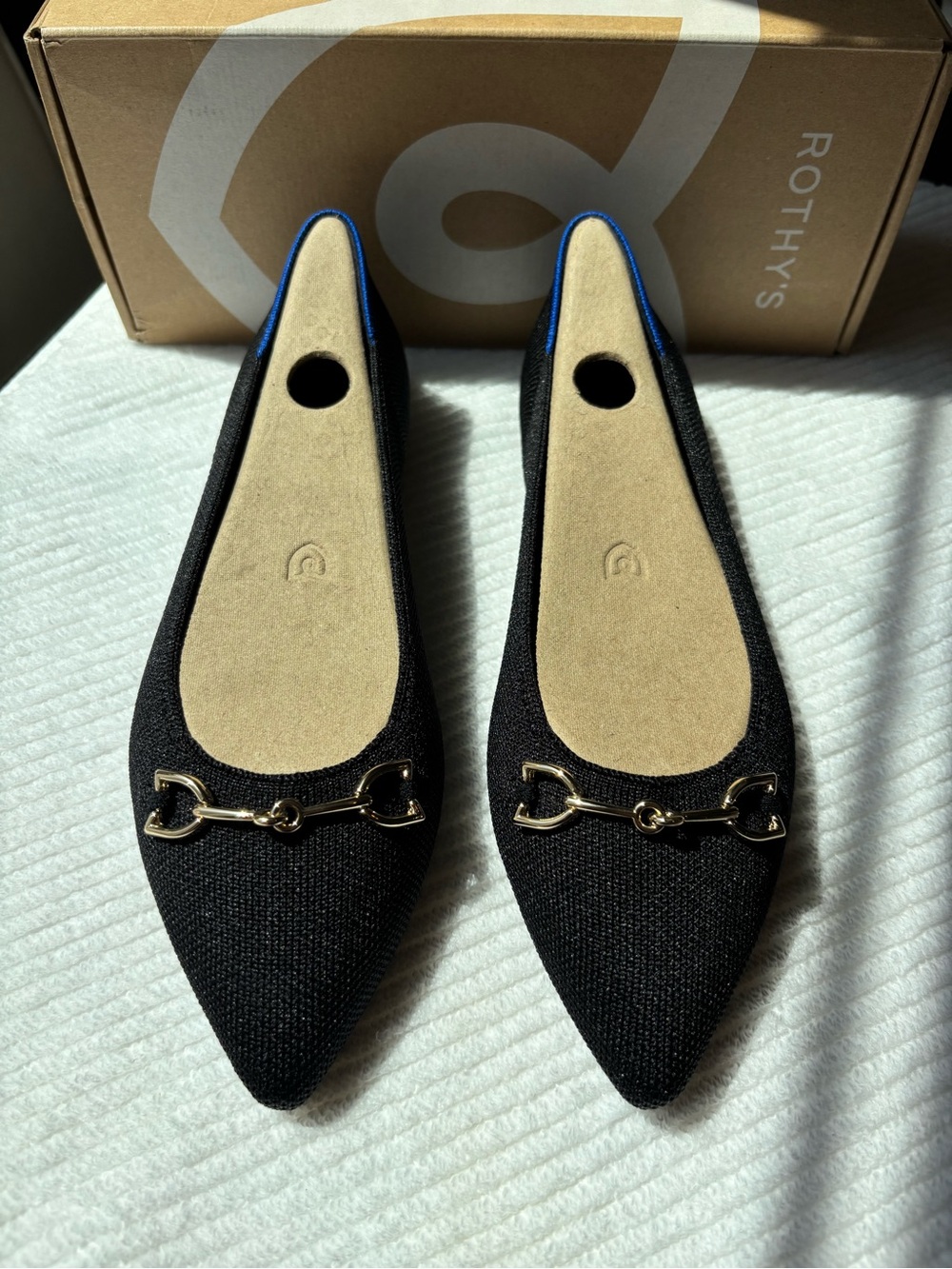 Lee Women’s Black Pointed Toe Flats with Gold Bit Accent